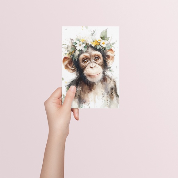 Watercolor Floral Monkey Portrait Wall Art Print Unframed - Playful Jungle Charm - Picture 5 of 6